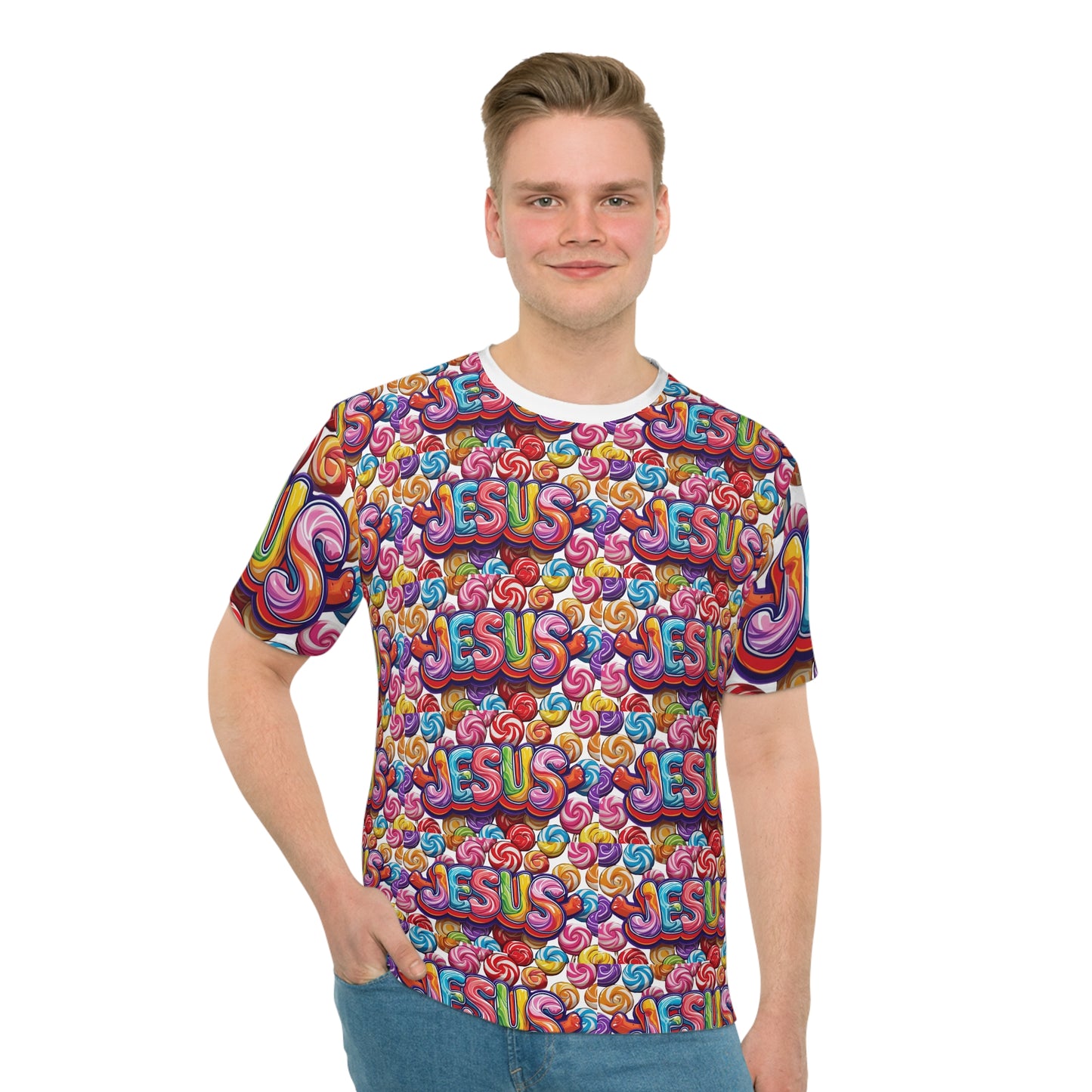 Colorful Jesus Graphic T-Shirt for Men, Relaxed Fit Tee, Faith-Inspired Apparel, Perfect for Church, Casual Wear, Spiritual Gifts